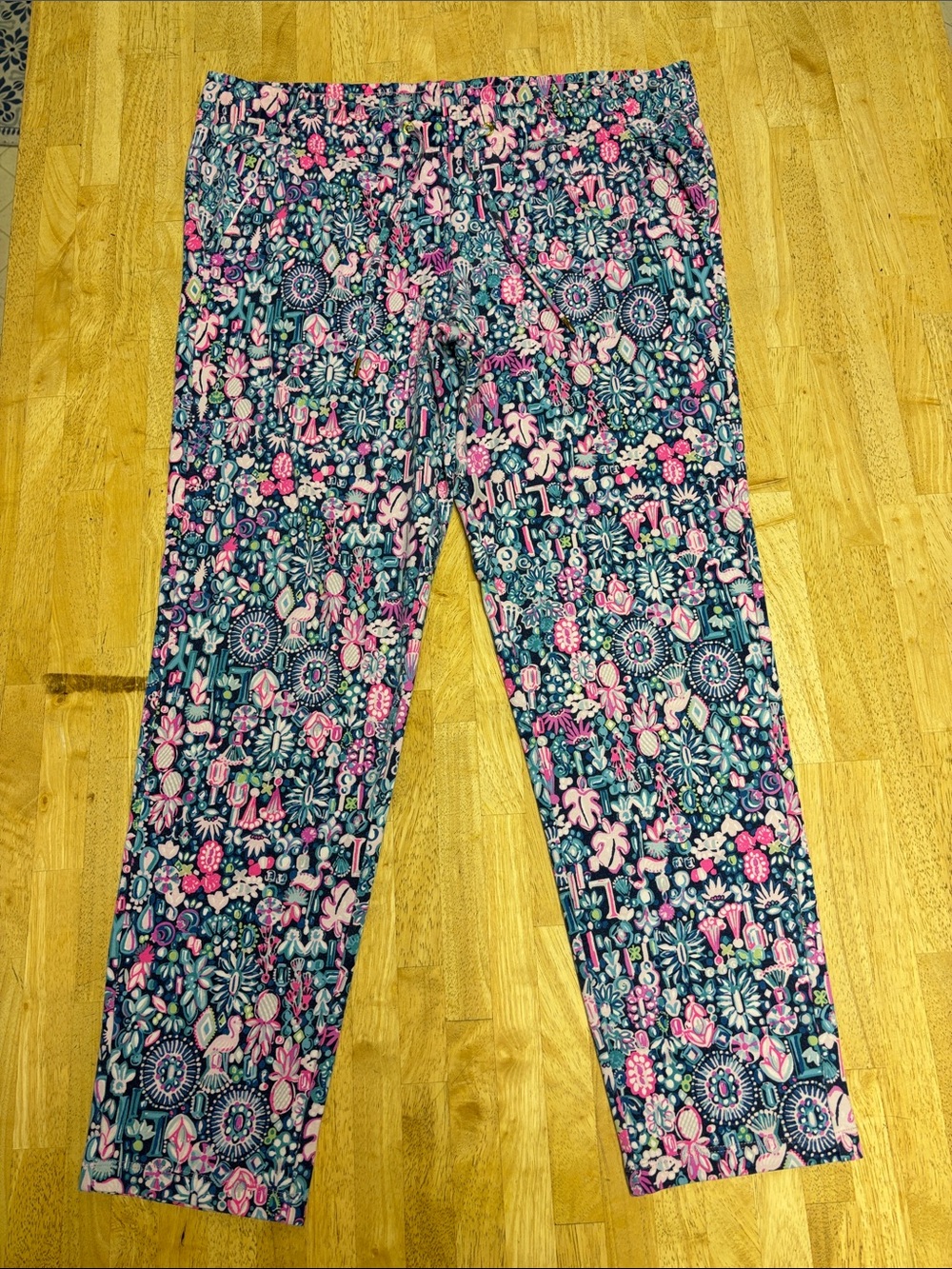Lilly Pulitzer Flamingo Mosaic Print Knit Lounge Jogger Pants Navy Pink Green S